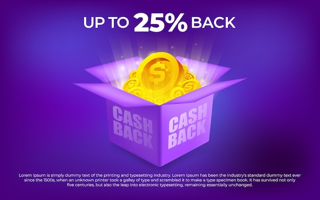 Cashback-geschenkbox-konzept mit 3d-dollarmünzen und goldenem banner