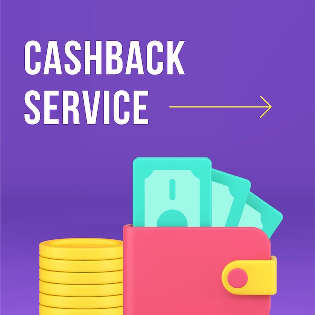 Cashback-Service, Einkaufen, kommerzielle Belohnung, Finanzbonus, Social-Media-Post-Design-Vorlage, realistische 3D-Vektorillustration, Kauf von Waren mit Geldrückerstattung, Bankgarantie, finanzieller Rabatt