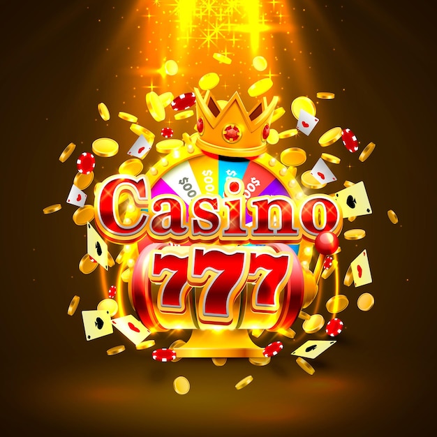 Casino 777 slots mit großen gewinnen und glückskönigbanner. vektor-illustration