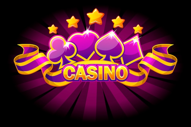 Casino banner mit spielkartensymbolen und violettem band.