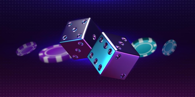 Casino-Hintergrund Realistisch geworfenes Paar Würfel und Spielchips Luxus-Glücksspiel-3D-Elemente Rollende Würfel mit schillerndem holografischem Effekt Vektor-Online-Wetten und riskante Spiele