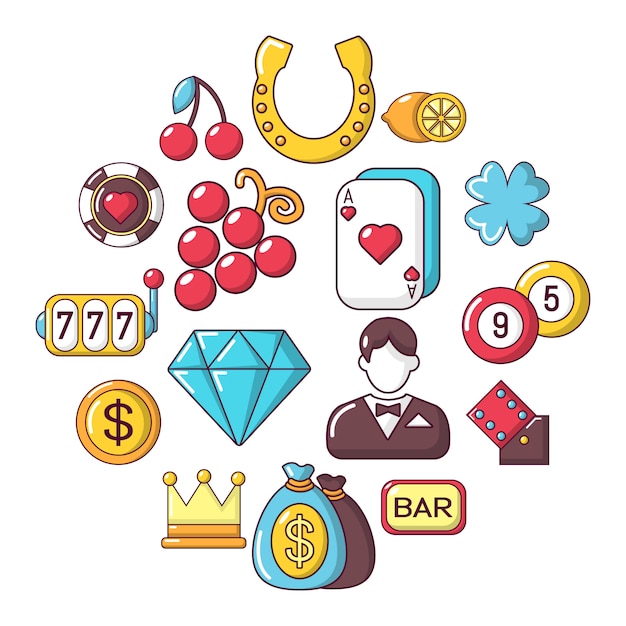 Casino-icon-set, cartoon-stil