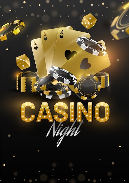 Casino Night Banner Vorlage oder Flyer Design mit goldenen Spielkarten, Würfel und Poker-Chips