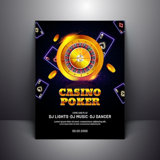 Casino poker template oder flyer design mit goldenem roulette-rad