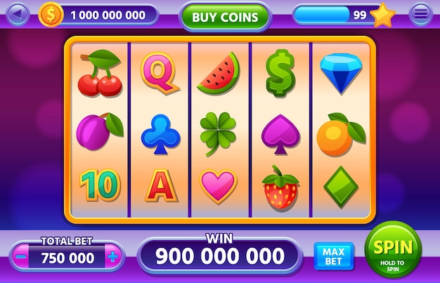 Casino-Spielautomaten-Gameplay-Schnittstelle für mobile App. Jackpot ui mit Früchten, Diamanten und Klee-Cartoon-Symbolen. Vegas-Spiel-Vektor-Bildschirm. Abbildung der Casino-Taste für Spielautomaten