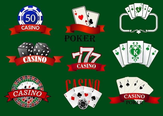 Casino- und glücksspielsymbole mit casino-chips, wetten, roulette, würfeln und karten