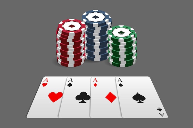 Casino- und pokerchips in kombination mit vier assen. kann als logo, banner, hintergrund verwendet werden. vektorillustration in einem realistischen stil.