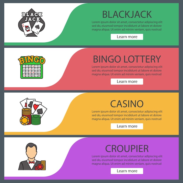 Casino-webbanner-vorlagen eingestellt. blackjack, bingo-lotterie, casino, croupier. menüelemente in farbe der website. designkonzepte für vektorheader
