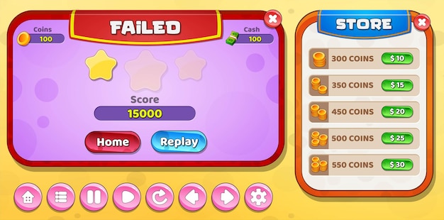 Casual Cartoon Kids Game UI Level fehlgeschlagen und Store Menu Pop-up mit Stars Buttons