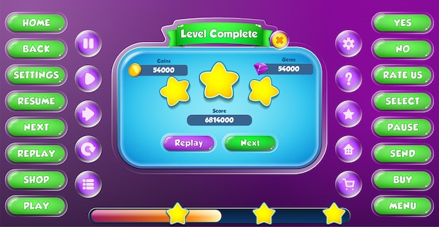 Casual Cartoon Kids Game UI Level Komplettes Menü Pop-up mit Schaltflächen und Ladeleiste