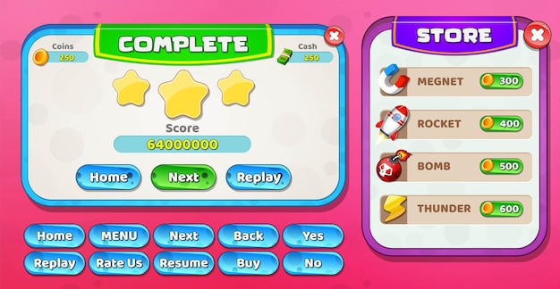 Casual Cartoon Kids Game UI Level Vervollständige und speichere das Menü Pop-up mit Sternen und Knöpfen