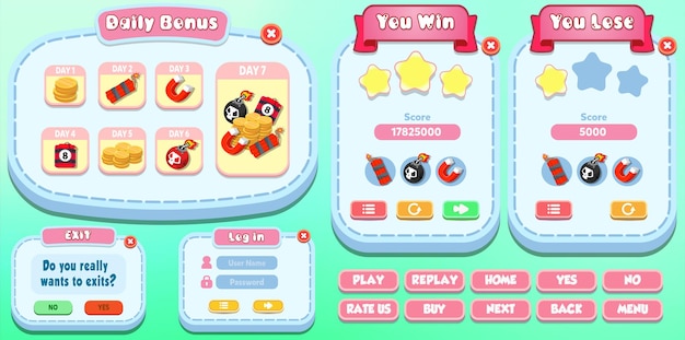 Casual-Game-UI-Kit komplett mit Popup-Menüs und Spiel-Assets