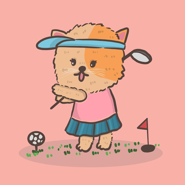 Cat cartoon charakter spielt golf