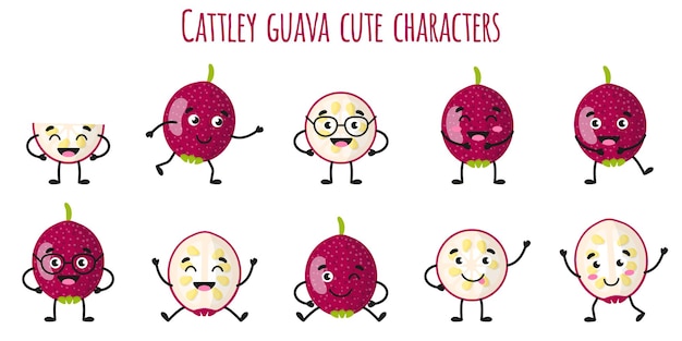 Cattley Guavenfrucht süße lustige fröhliche Charaktere mit verschiedenen Posen und Emotionen. Natürliche Vitamin-Antioxidans-Detox-Lebensmittelsammlung. Cartoon isolierte Abbildung.