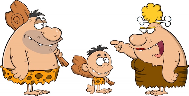 Caveman family man vater kid boy und angry cave woman mutter sprechen. illustration isoliert auf weiß