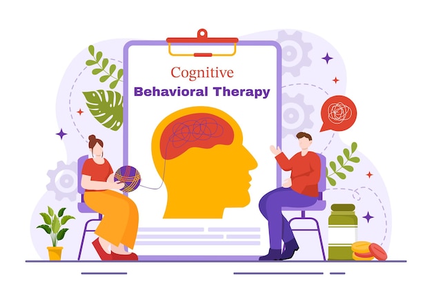 CBT oder kognitive Verhaltenstherapie Vektor-Illustration mit der Person Bewältigen Sie ihre Probleme Emotionen Depression oder Denkweise im Hintergrund der psychischen Gesundheit