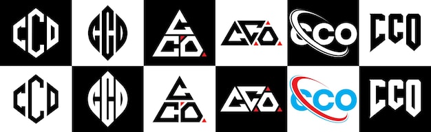 Cco buchstaben-logo-design in sechs stilen cco polygon kreis dreieck hexagon flacher und einfacher stil mit schwarz-weißer farbvariation buchstaben-logo-set in einem artboard cco minimalistisches und klassisches logo