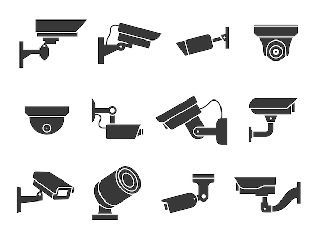 Cctv-symbole. überwachungskamera, videoüberwachung von wachausrüstung für straße, haus und gebäude, privat und industrie beobachten warnkriminalität, digitale sicherheitsvektorzeichen