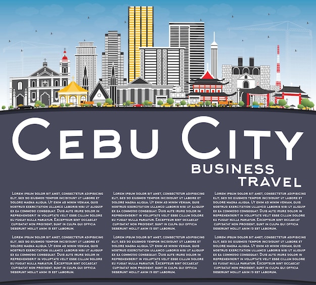 Cebu city philippinen skyline mit grauen gebäuden, blauem himmel und textfreiraum. vektor-illustration. geschäftsreise- und tourismusillustration mit moderner architektur.