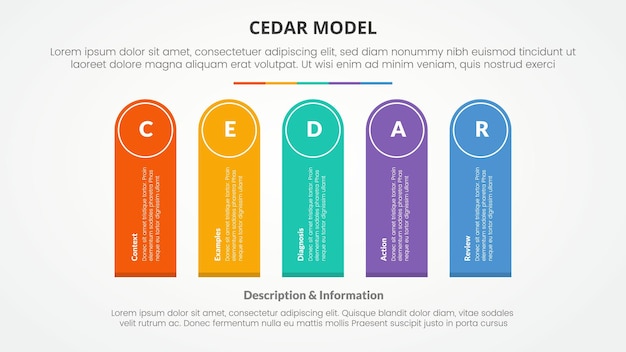 CEDAR-Feedback-Modell Infografik-Konzept für Folienpräsentation mit runden Rechteckform vertikal drehen mit 5-Punkte-Liste mit flachem Stil