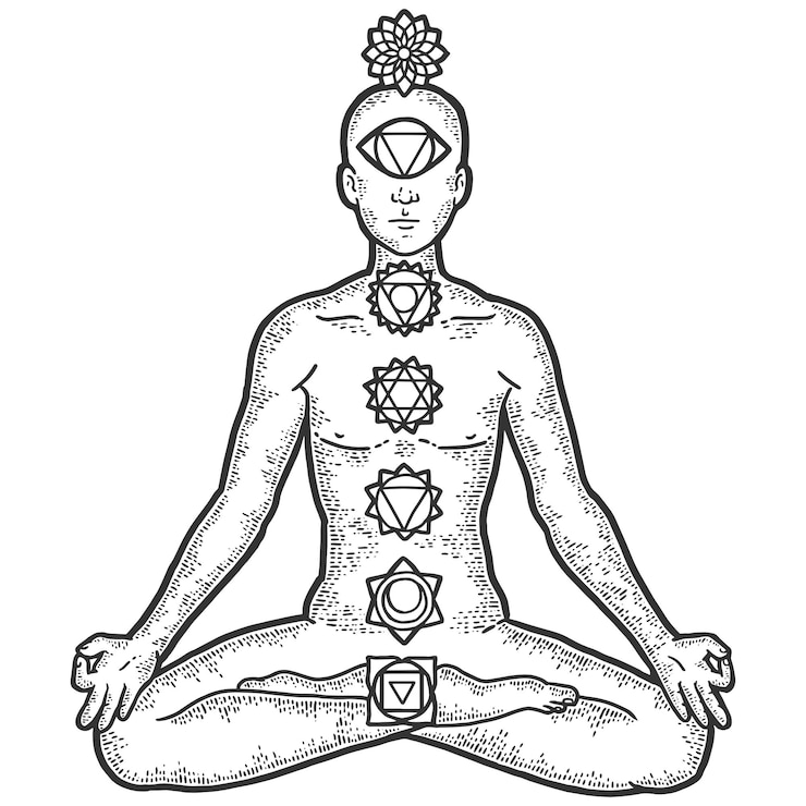 Vektor chakra menschlicher körper sketch scratch board nachahmung schwarz und weiß