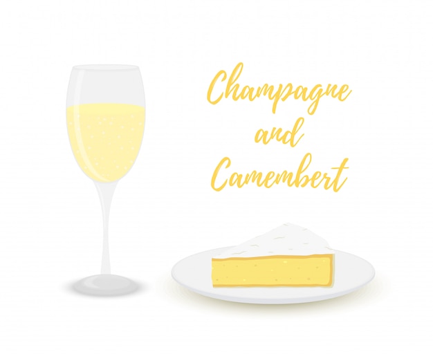 Vektor champagner mit camembert, glas mit alkohol und milchprodukten.
