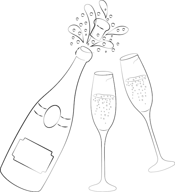 Champagner mit Gläsern Lineart Weihnachtsillustration Hochwertige Vektorillustration