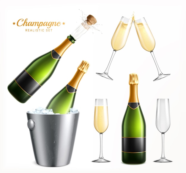 Champagner realistischer satz flaschen und trinkglas isolierte bilder mit reich verziertem text auf leerer hintergrundvektorillustration