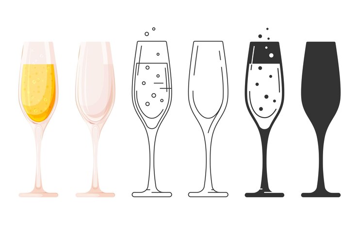 Vektor champagnerglas, flache linie, silhouette, glyphen-set, sekt, weißwein, sprudel, klares weinglas, editierbare linie, umriss, ausgeschnitten, schablone, stempel, druck, schwarzes symbol, banner, postkarte, grußkarte isoliert