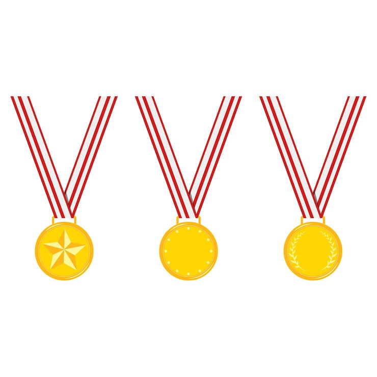 Vektor champion unterschiedlichen design goldene medaillen abgestreift rotes band-set isoliert auf weißem hintergrund vektor-flache illustration.