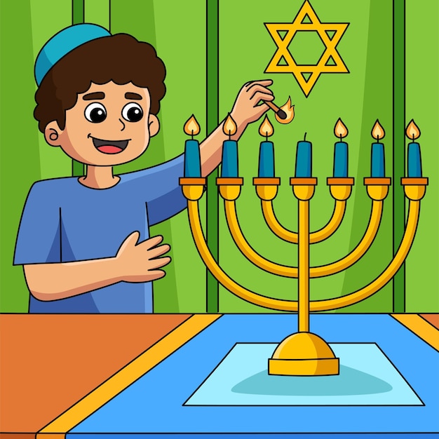 Chanukka-junge, der menorah farbigen cartoon beleuchtet