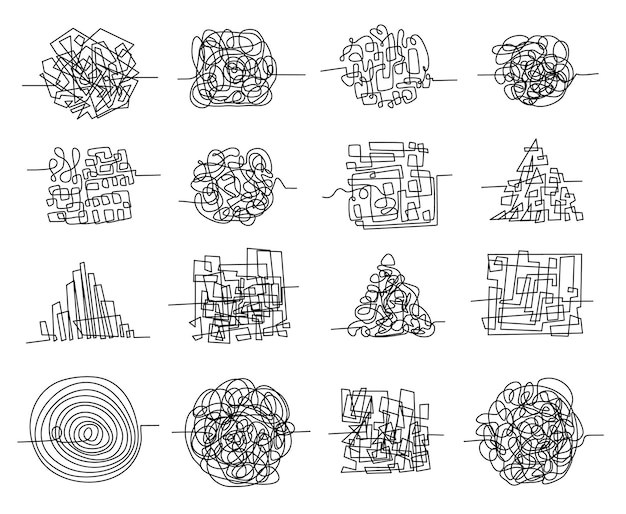 Chaoslinien-kritzeleien und zufällige, verworrene labyrinthformen. pen-doodle-konzept von unordentlichen gedanken, komplizierten problemen und verwirrtem gedankenvektorsatz. verwechslungs- oder unordnungselemente isoliert auf weiß