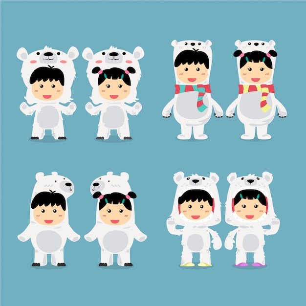 Character design cute kids tragen eisbär-kostüm-set.