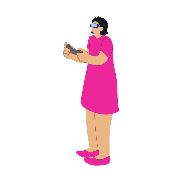Charakter der jungen Frau, die das Spielen des VR-Spiels in stehender Pose trägt