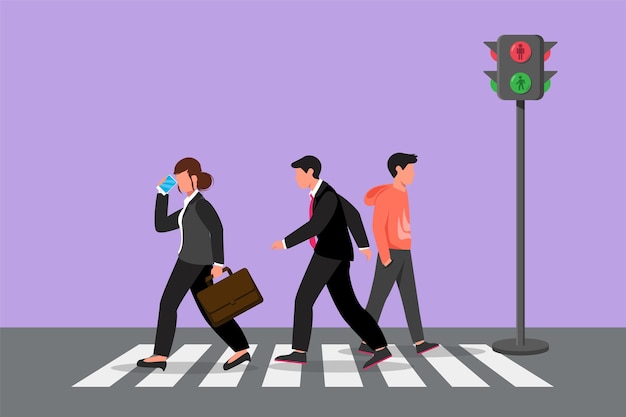 Charakter flache Zeichnung Geschäftsleute oder Arbeiter überquert die Straße auf Zebrastreifen nach der Rückkehr von der Arbeit There39s eine Ampel zur Regulierung der Verkehrsstraße Cartoon Design Vector Illustration