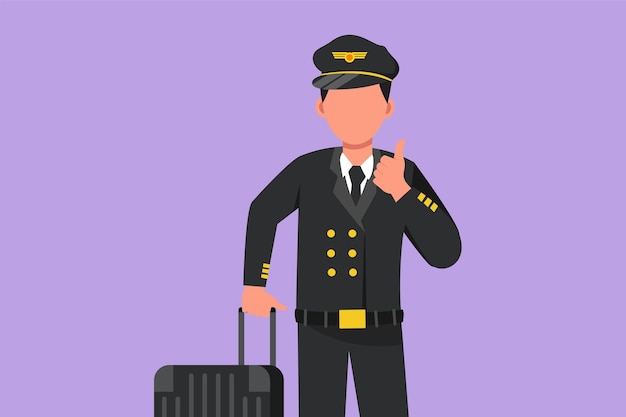Charakter flache Zeichnung männlicher Pilot mit Daumen nach oben Geste und voller Uniform ist bereit, mit Kabinenpersonal mit Flugzeugen am Flughafen zu fliegen Flugreisen oder Flugzeugindustrie Cartoon-Design-Vektorillustration
