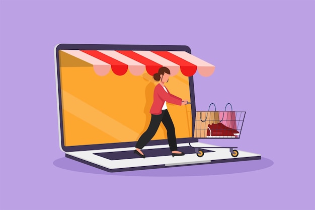Charakter flache Zeichnung schöne Frau, die aus dem Laptop-Bildschirm kommt und Einkaufswagen schiebt Verkauf digitaler Lebensstil Konsummarketing Online-Shop-Konzept Cartoon-Design-Vektorillustration
