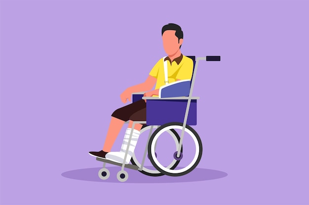 Charakter-Flachzeichnung kranker Mann mit Verletzungen Gips sitzt im Rollstuhl Verletzter Mann sitzt im Rollstuhl mit gebrochenem Bein Trauriger Kerl mit gebrochenem Bein im Krankenhaus Cartoon-Design-Vektorillustration