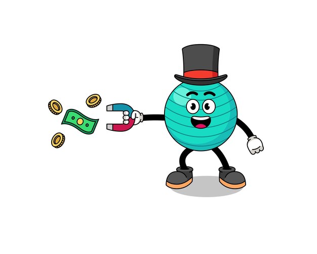 Charakter illustration eines gymnastikballs, der geld mit einem magnetcharakterdesign fängt