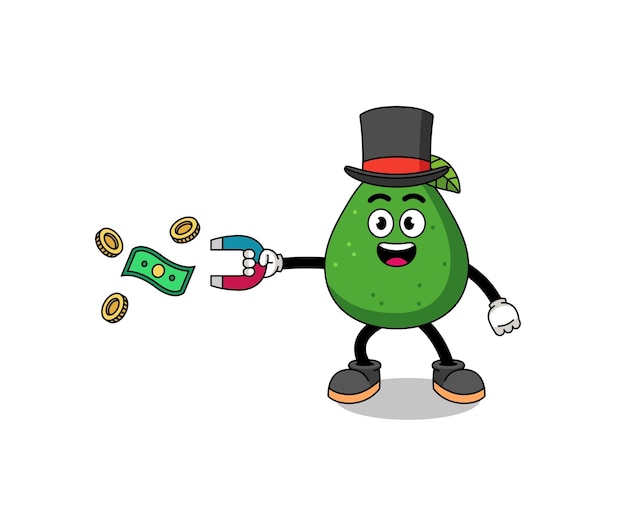 Charakter illustration von avocado-früchten, die geld mit einem magnetcharakter-design fangen