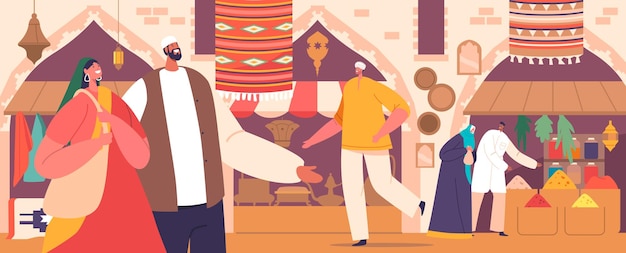 Vektor charaktere auf dem lebhaften arabischen markt, belebter basar mit bunten ständen, aromatischen gewürzen und menschen, die ins einkaufen versunken sind und eine lebendige, kulturell reiche atmosphäre schaffen. cartoon-vektor-illustration