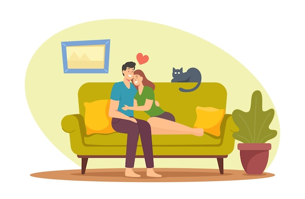 Charaktere Dating, Liebe, Freizeit Freizeitkonzept. Junges liebevolles Paar Umarmung, das zu Hause auf der Couch sitzt. Mann umarmt Frau auf Sofa im Wohnzimmer, romantische Beziehungen. Cartoon-Menschen-Vektor-Illustration