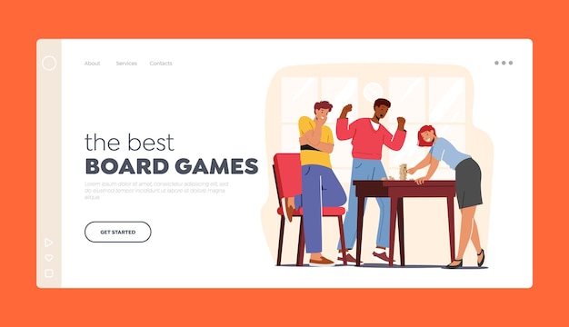 Charaktere, die brettspiele spielen landing page template. die leute spielen zusammen am wochenende um den tisch. fröhliche freizeit in freundschaftlicher gesellschaft, freizeit, erholung, spaß, unterhaltung. cartoon-vektor-illustration