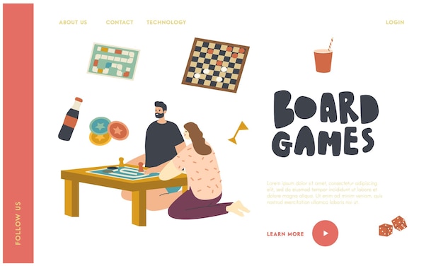 Vektor charaktere sitzen am tisch und spielen brettspiel landing page template. freizeiterholung für paare, wochenendaktivitäten, freizeit und glückliche entspannung mit freunden oder ehepartnern. lineare leute-vektor-illustration