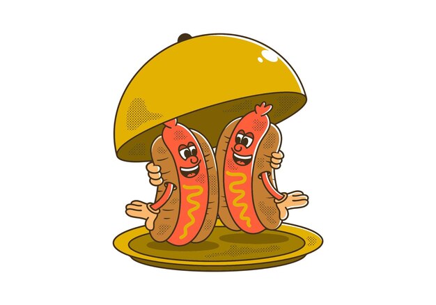 Charakterillustration von zwei hotdogs auf dem teller