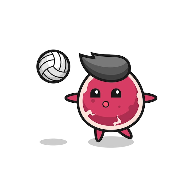 Charakterkarikatur von rindfleisch spielt volleyball-niedlichen stilentwurf für t-shirt-aufkleber-logoelement