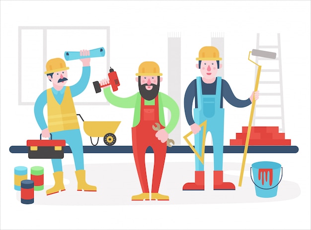 Charakterteam der Heimarbeiter. Freundliche Arbeiter in Arbeitskleidung stehen zusammen. Flache Illustration.
