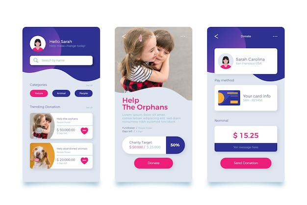 Charity-app-bildschirme