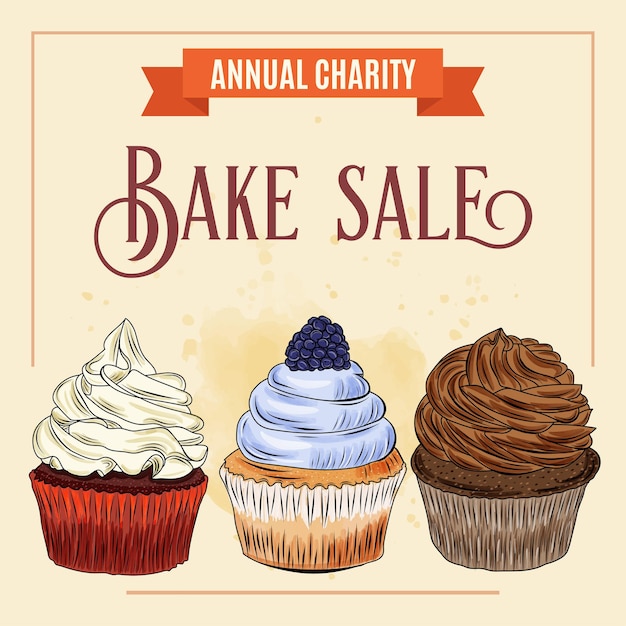 Vektor charity bake sale banner vorlage mit cupcake design.