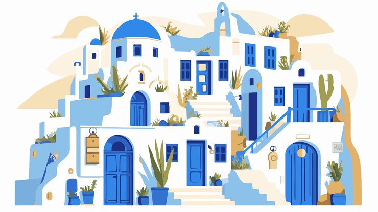 Vektor charmante alte straße im dorf akrotiri santorini ikonische architektur und landschaftliche schönheit